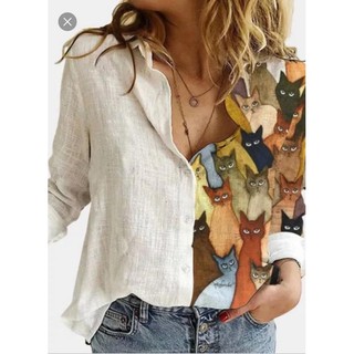 LUKABOUTIKE-camisa manga longa colarinho animal gatos, cor branca, tamanhos P, M, G e GG.