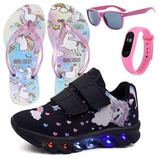 Tênis Infantil Feminino de Led Unicornio Menina Preto Tira Colante com Chinelo Óculos e Relógio AtacDivi