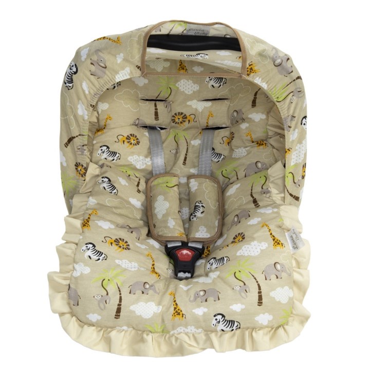 Kit completo para Bebê Conforto, 4 Peças, Cáqui, Animais, Capota, Protetor de Cinto, Capa, Menino