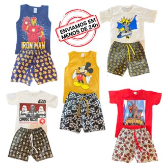 Kit 4 peças conjunto masculino roupa infantil menino Super Herói e personagem.