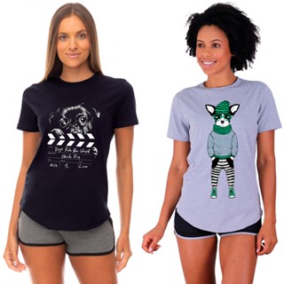 Kit 2 Camisetas Longline Feminina MXD Conceito Slim Estampas Casuais E Fitness