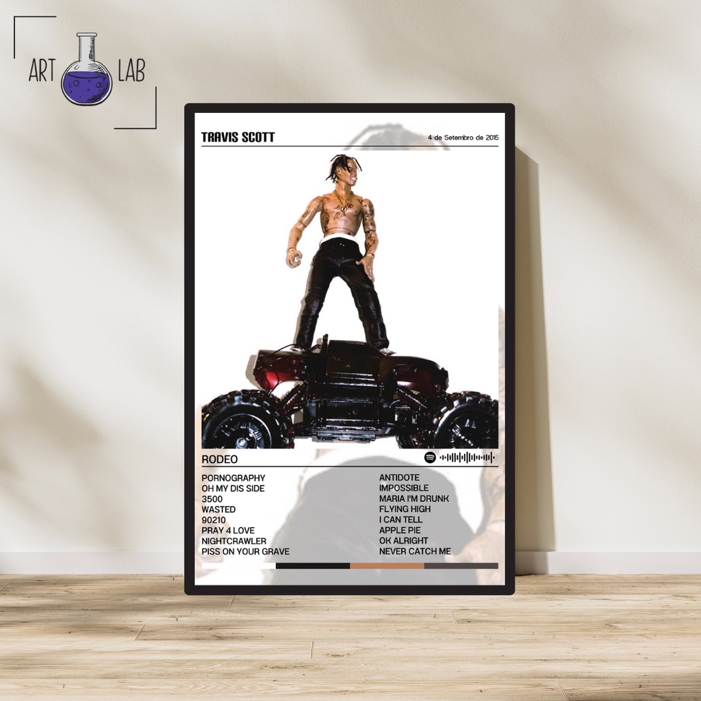 Quadro decorativo álbum Spotify Travis Scott Rodeo moldura e vidro