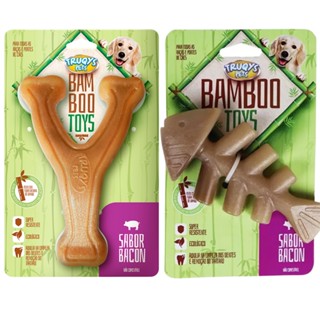 Brinquedo Osso Mordedor Sabor Bacon Cães Cachorro Porte Médio Limpa Dentes Remove Tártaro Alivia Stress Bamboo Toys Fibra Bambu