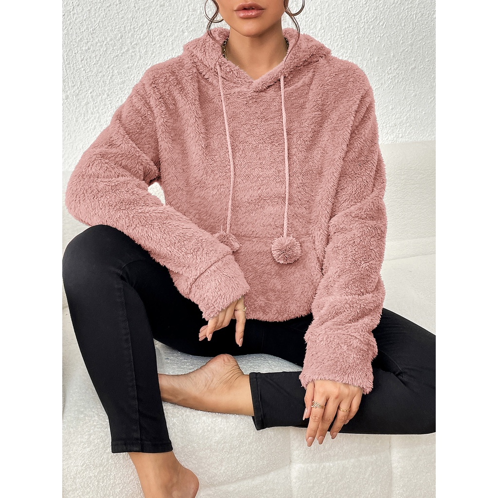 Casaco Pelinho tedy feminina manga longa com bolso na frente e capuz grosso importado