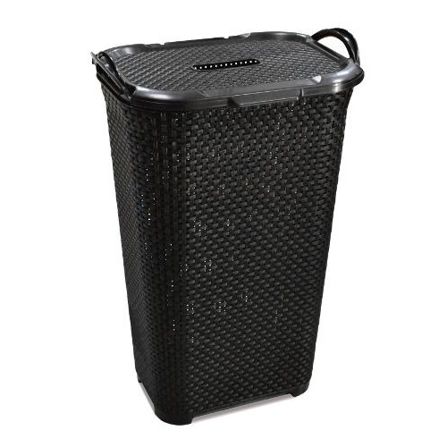 Cesto Rattan 50L com Tampa Basculada Preto Plástico Resistente para Roupa Organize Sua Casa