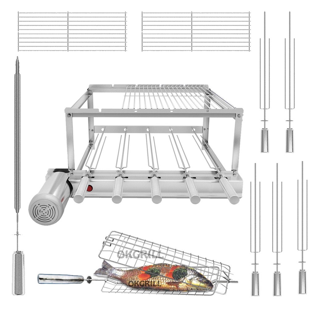 Churrasqueira Gira Grill 100% Inox 5 Espetos Giratórios + 2 Grelhas Auxiliares + Espeto grelha Giratório Frango / Peixe