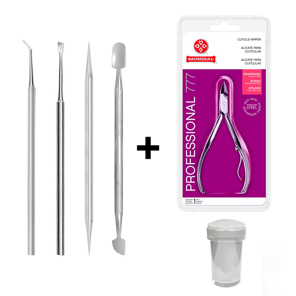 Kit Manicure 04 Instrumentos Aço Inox Profissional Podologia + Alicate Mundial 777 + Mini Carimbo