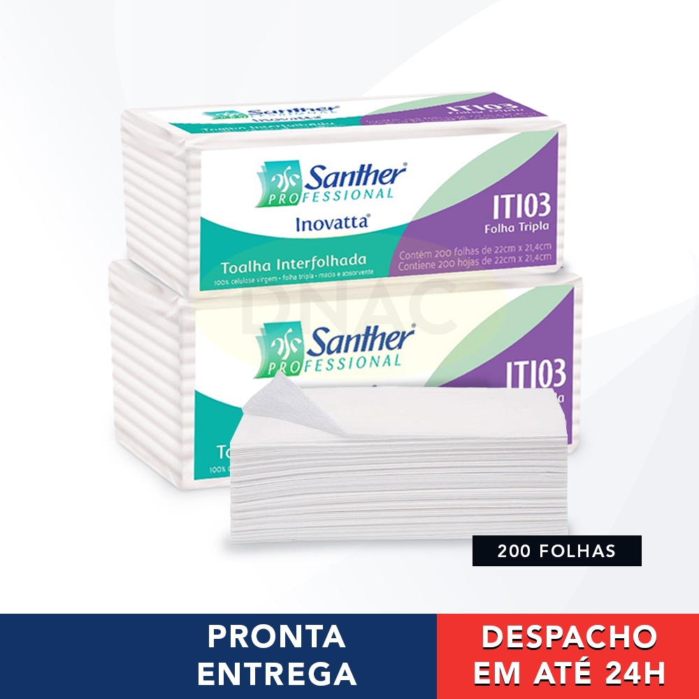 Papel Toalha Interfolha Branco Folha Tripla Luxo 100% Celulose 22x21cm 200 Folhas - Santher