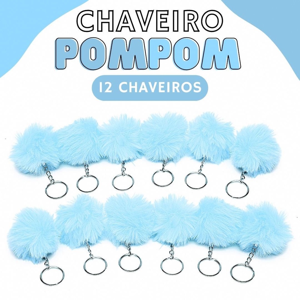 Chaveiro Pompom Pelúcia Azul Bebê 50mm - C/ 12 Unidades - BRX