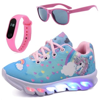 Tênis Infantil Feminino de Led Unicornio Menina Azul com Óculos e Relógio Elis Magazine