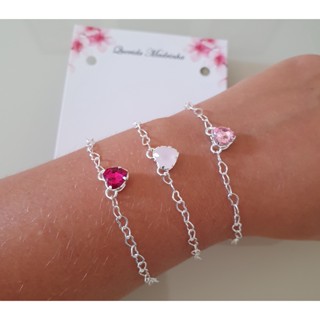 kit 2 Pulseiras Prata Coração Madrinhas Banho Prata 925 Petra Coração Cor