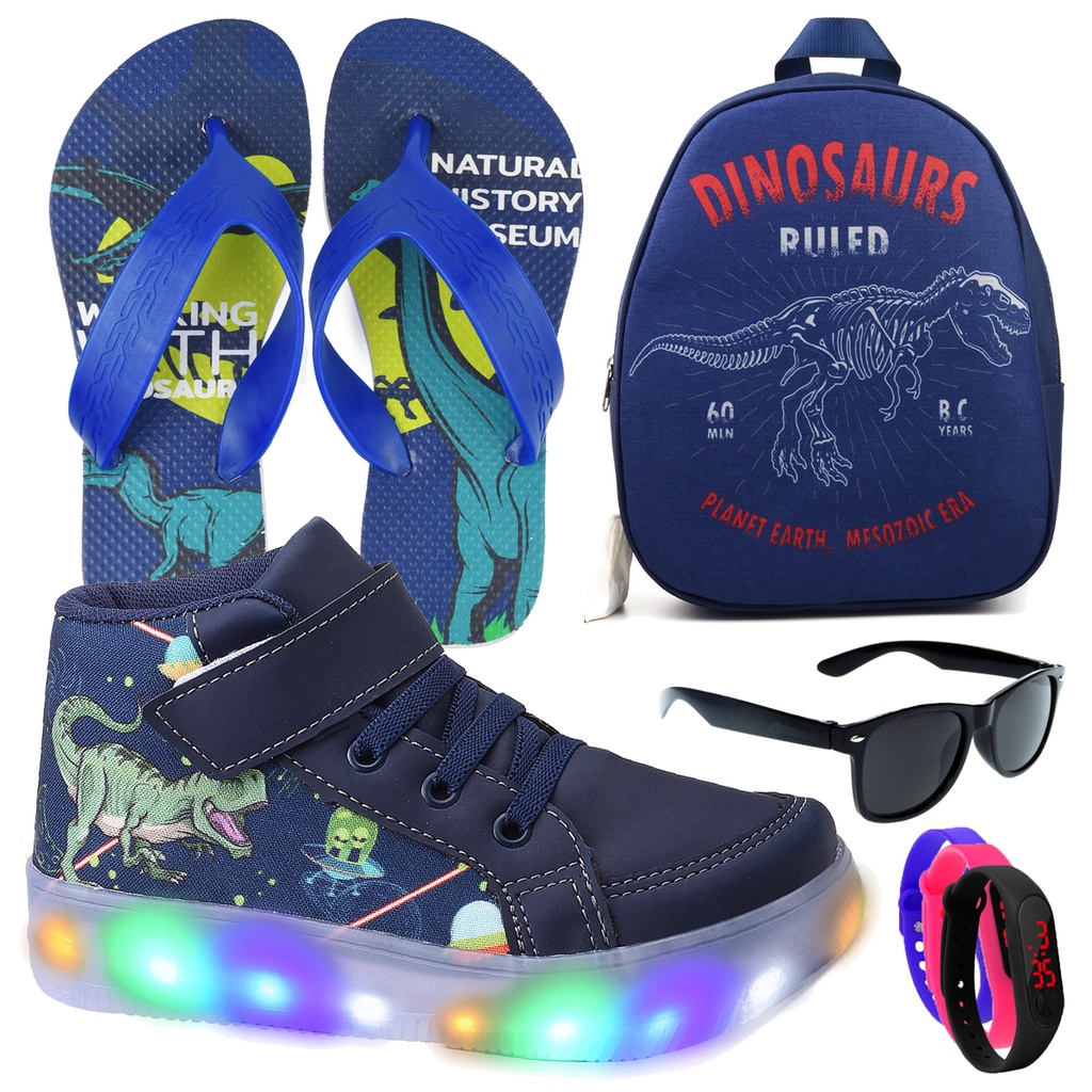 Kit Botinha Masculino Infantil Tenis De Led Meninos Dinossauro Marinho Velcro + Mochila + Chinelo + Óculos + Relógio GeG Magazine