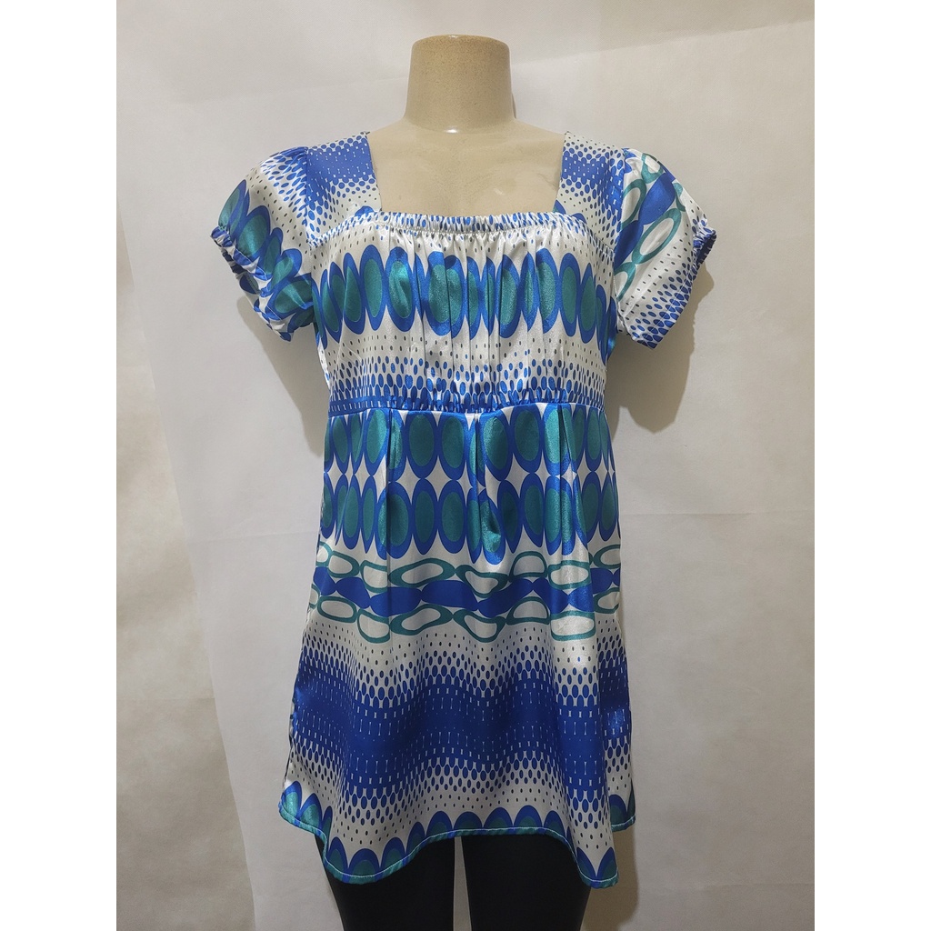 Blusa bata azul estampada MARISA tam M 42 cetim usado bom estado