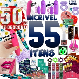 Kit Erotico 55 Itens Sex Shop com Vibrador ponto G + vibrador batom lipstick + vibradores bullet + aneis com vibro + gel beijavel + dedeira massageadora