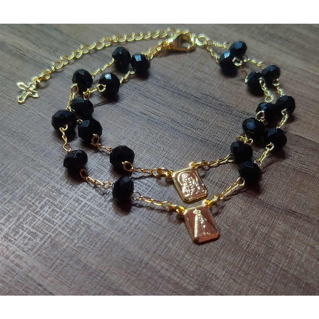 Pulseira de Escapulário Nossa senhora Aparecida Cor Preto folheada a Ouro 18k