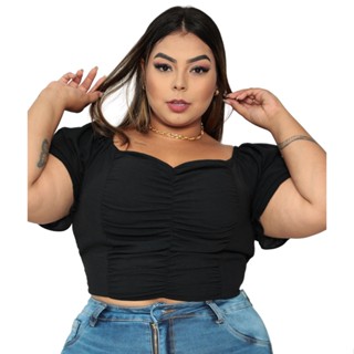 Cropped Blusa Ciganinha Plus Size  Drapeado Com Bojo Ombro a Ombro  Franzida de Amarrar