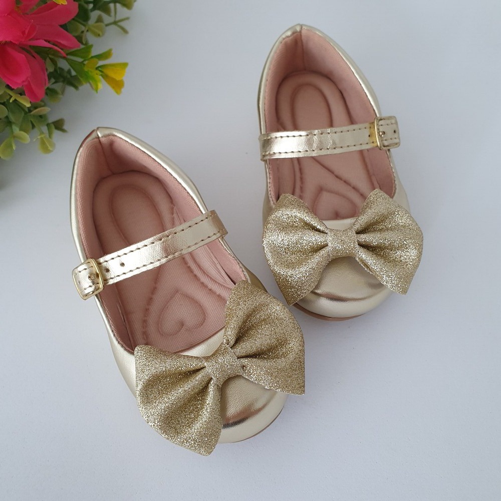 Sapatilha Infantil Feminina Confortável Laço Ouro Fosco Glitter Ponta 16 ao 34