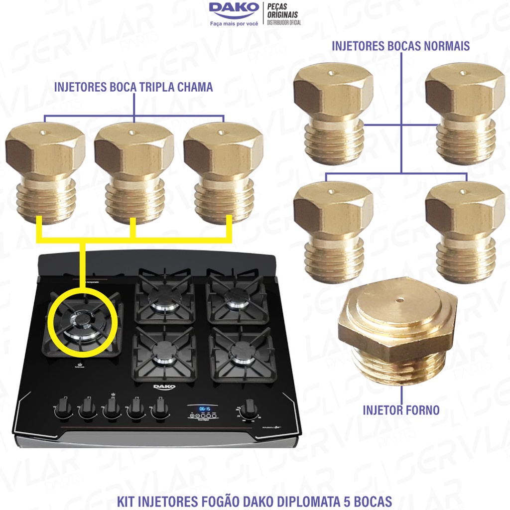 08 INJETORES GÁS NATURAL GN PARA FOGÃO DAKO DIPLOMATA 5 BOCAS 100% ORIGINAIS DE FÁBRICA