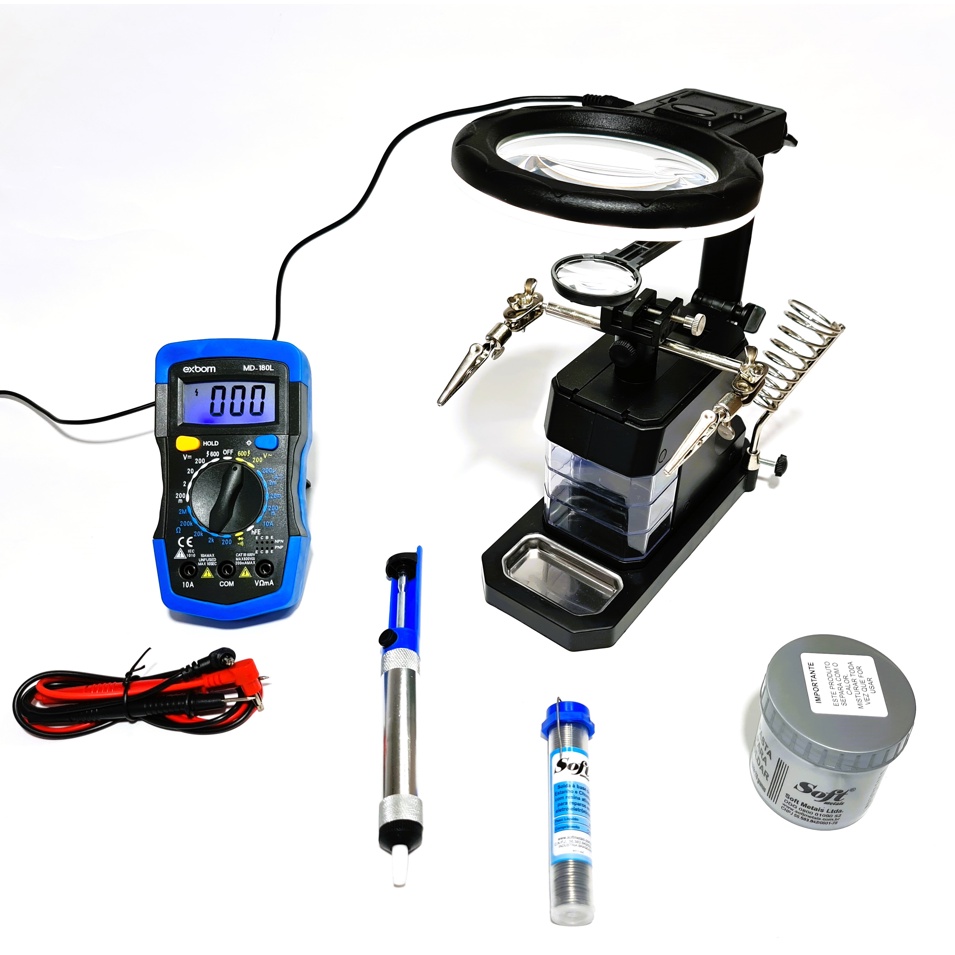 Kit suporte com lupa e garras jacaré multimetro digital estanho sugador e pasta de solda