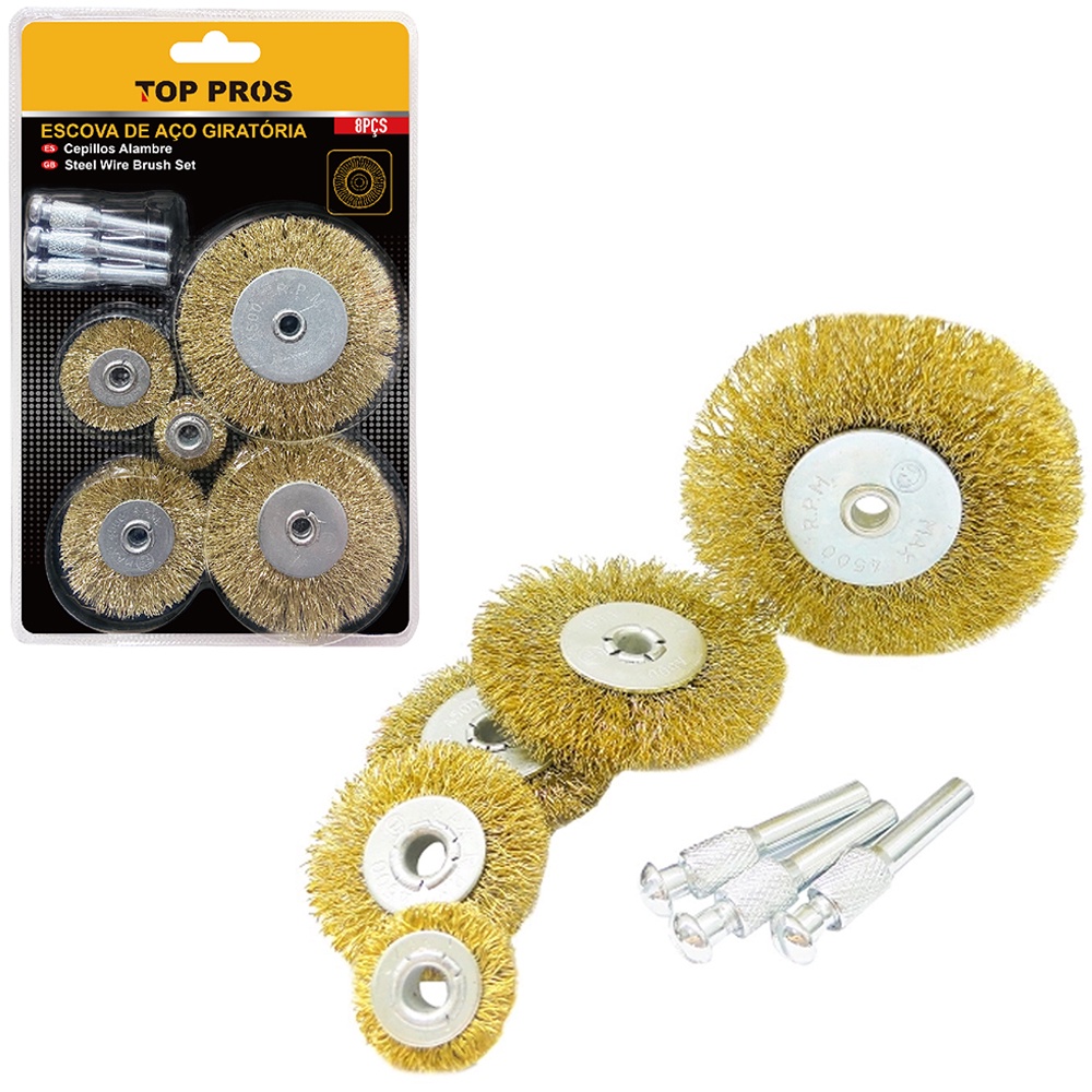 Kit Jogo De Escovas Aço Circular Para Furadeira Haste 1/4" Com 8 Peças