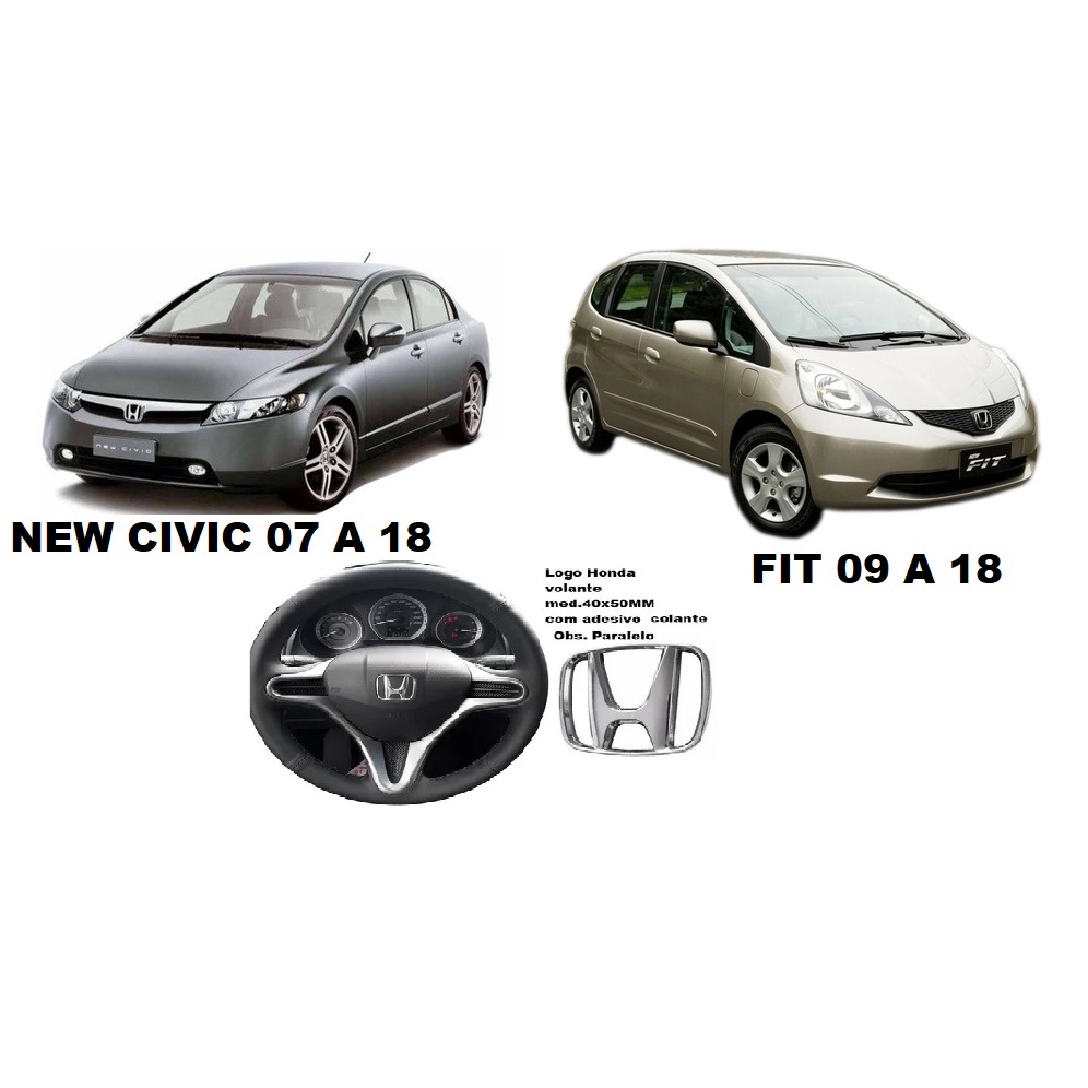 Emblema Volante Honda New Civic 2007 Ate 2018  Fit 20096 Ate 2018 40 x 50 mm - Cromado