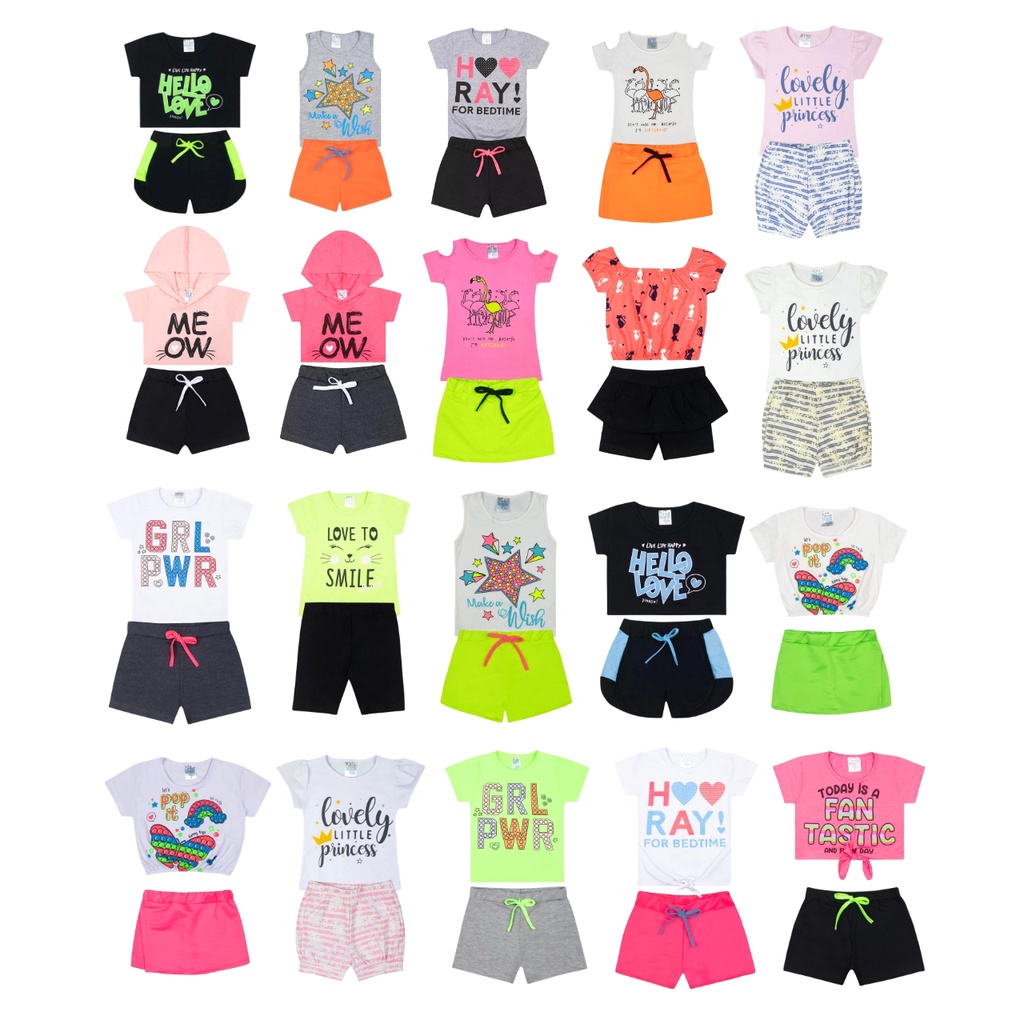 Kit Sortidos 12 Peças de Roupas Infantil Menina 6 Camisetas 6 Bermudas Bebe Barato Promoção Kit com 6 Conjuntos de Roupa