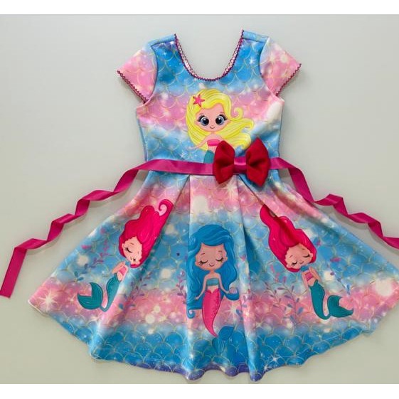 Vestido Festa Princesa Infantil Sereia Ariel Rosa e Azul + Acessórios (luva, trança, coroa e vara)