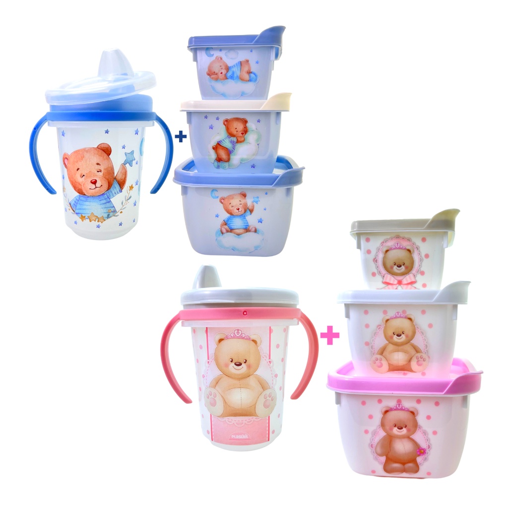 Kit 4 Potes Infantil Caneca Lancheira Copinho C Alça Vasilha