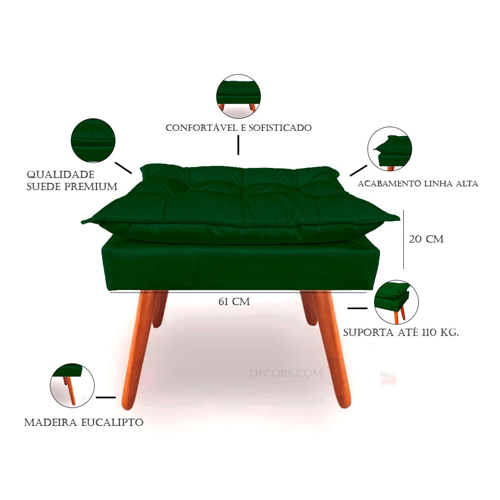 Puf Puff Opala Suede Verde Musgo Pé Palito Castanho