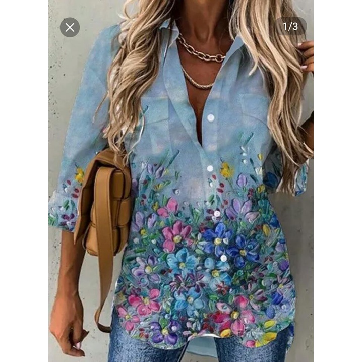 LUKABOUTIKE-CAMISA CASUAL FLORAL COLARINHO MANGA LONGA COM BOTÕES, COR AZUL, TAMANHOS M G E GG.