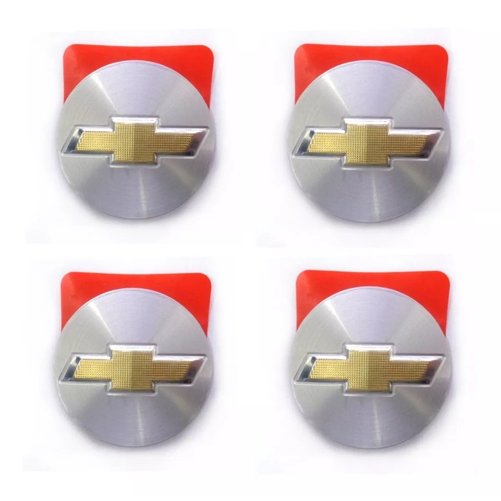 Jogo de 4 Adesivos Calotinha Emblemas de Centro de Roda Originais GM Chevrolet 55mm em Adesivo 3M na cor Prata com Emblema Dourado