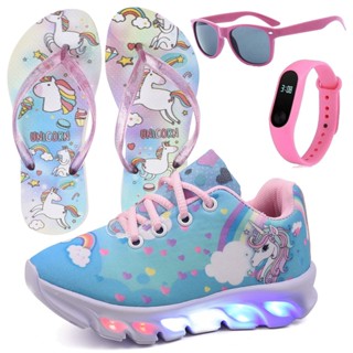 Tênis Infantil Feminino de Led Unicornio Menina Azul com Chinelo Óculos e Relógio Elis Magazine