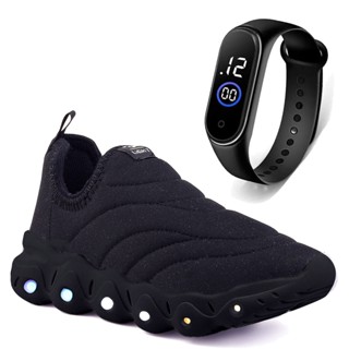 Tenis Infantil de Led Menino e Menina Calce Facil Preto e Preto e Relógio Luizza