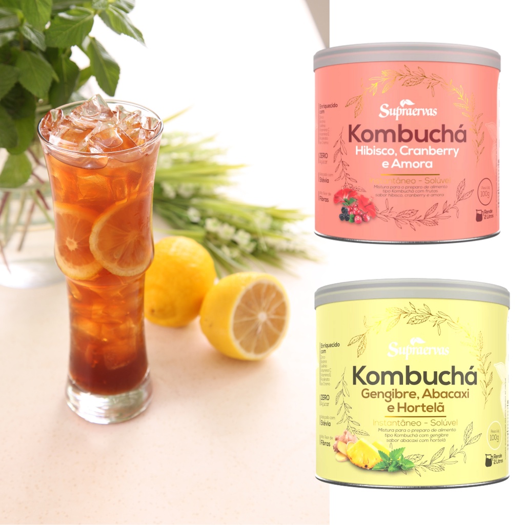 kombuchá Sabor Gengibre + Abacaxi e Hibisco + Cramberry 200gr 1 Lata De Cada