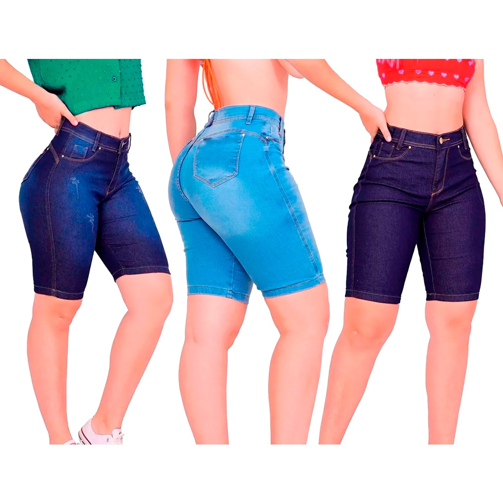 Kit 3 Bermuda Short Jeans Ciclista Feminina Cintura Alta Lycra Comprida até o Joelho tamanhos 38 ao 48