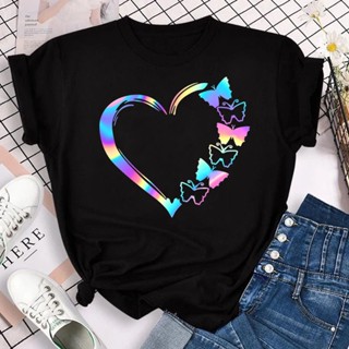 Colorful Love Butterfly Estampa Nova Camiseta Feminina De Manga Curta Roupas De Verão-Várias Cores