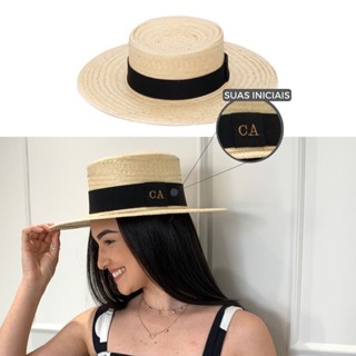 Chapéu Paris De Palha Natural e Nylon Aba Média Personalizado Com Inicial Na Faixa