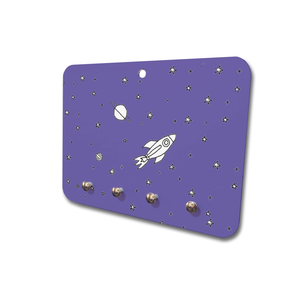 Porta Chaves MDF 4 Pinos Foguete Planetas Espaço Roxo
