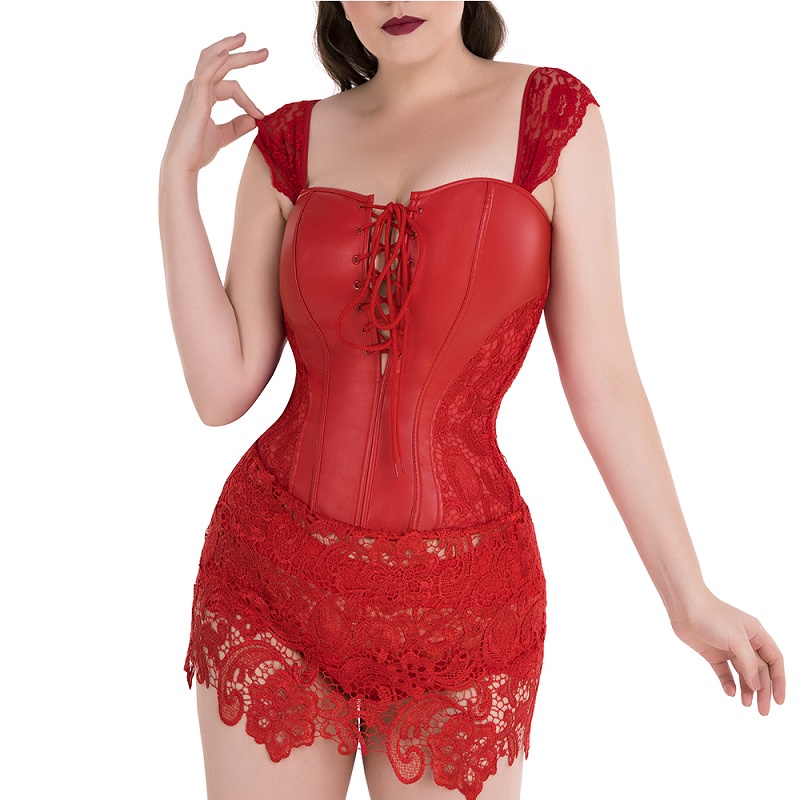 Corpete Corset Corselet Espartilho Mini Saia Couro Renda Vermelho M301