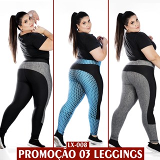KIT 03 Legging Calça De Malhar Plus Size Cós Alto Arco Bumbum (LX008) Estampas SORTIDAS