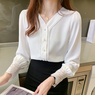 Blusa de chiffon de manga comprida e gola V branca feminina outono