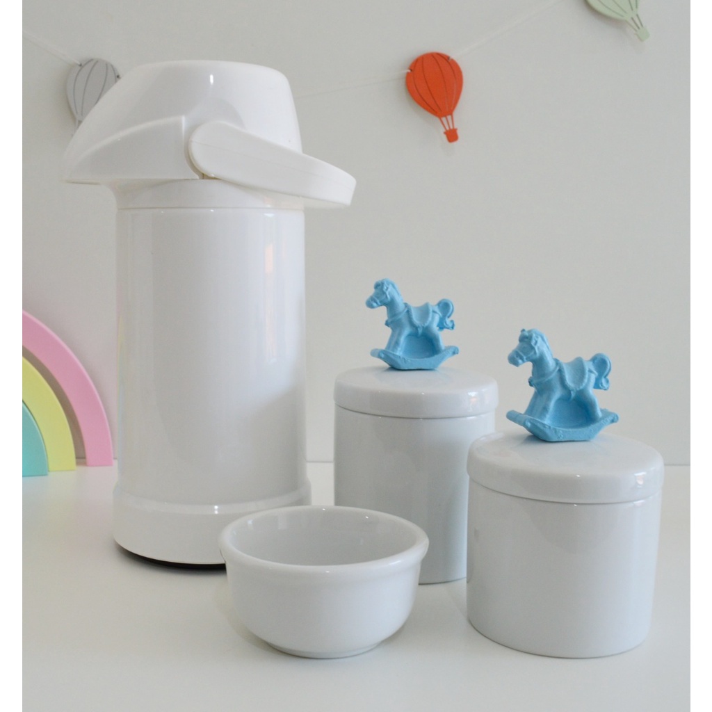 Kit Bebê Higiene Banho Limpeza K022 Moderno Azul Porta Cotonete Algodão Bancada Porcelana Gel Térmica 500 ml Bebê
