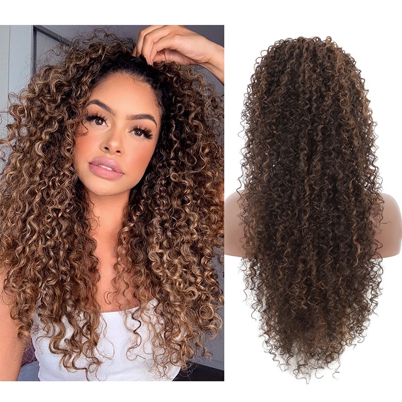 60CM Rabo de Cavalo com Cordão Longo Cacheado Profundo Resistente ao Calor Sintético Clipe Instantâneo Extensão de Rabo de Cavalo Estilo Protetor Afro Crespo Encaracolado Pedaços de Cabelo Marrom