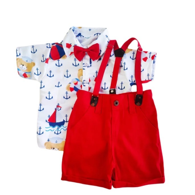 conjunto temático URSO MARINHEIRO para menino - acompanha suspensório e gravata em Oferta na Shopee
