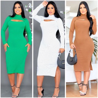 Vestido Midi Feminino Tubinho Com Fenda Traseira Manga Longa Gola Alta Decotado Malha Canelada Inverno 2023 , Promoção.