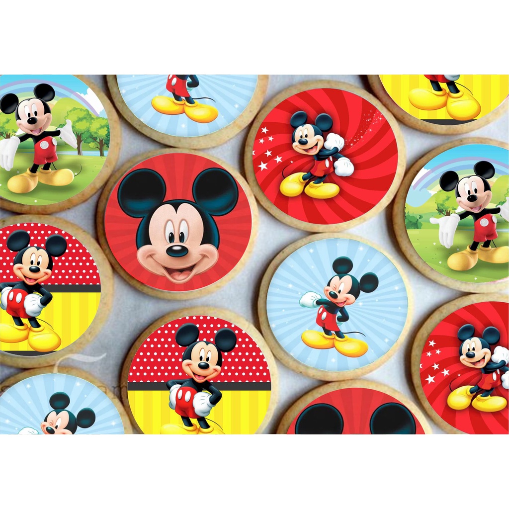 Papel arroz CORTADO para Pirulito de Isomalt ou Cupcake ou Bolacha ou Biscoito ou Chocolate 5cm com 20 imagens por folha - Tema Mickey