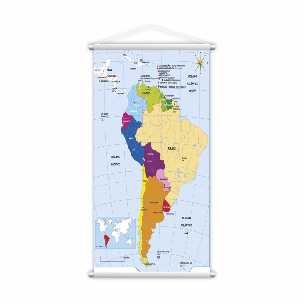 Mapa América do Sul Banner Escolar Pedagógico Didático para Ensino em Sala de Aula Geografia