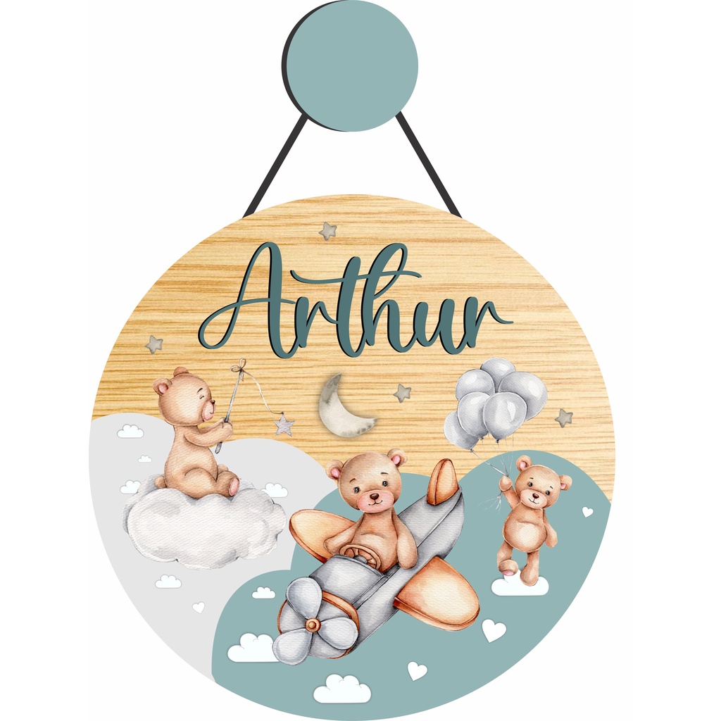 Enfeite Porta Maternidade Urso Aquarela, Ursinho, urso aviador, estrela- Nome personalizado.