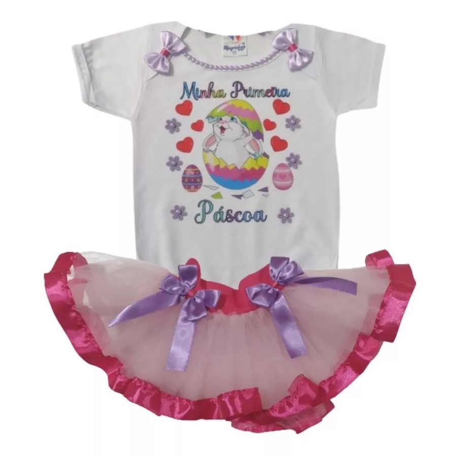 Conjunto Fantasia Páscoa Menina, Body, Saia, e Laço Coelhinho Minha Primeira Páscoa Mesversário