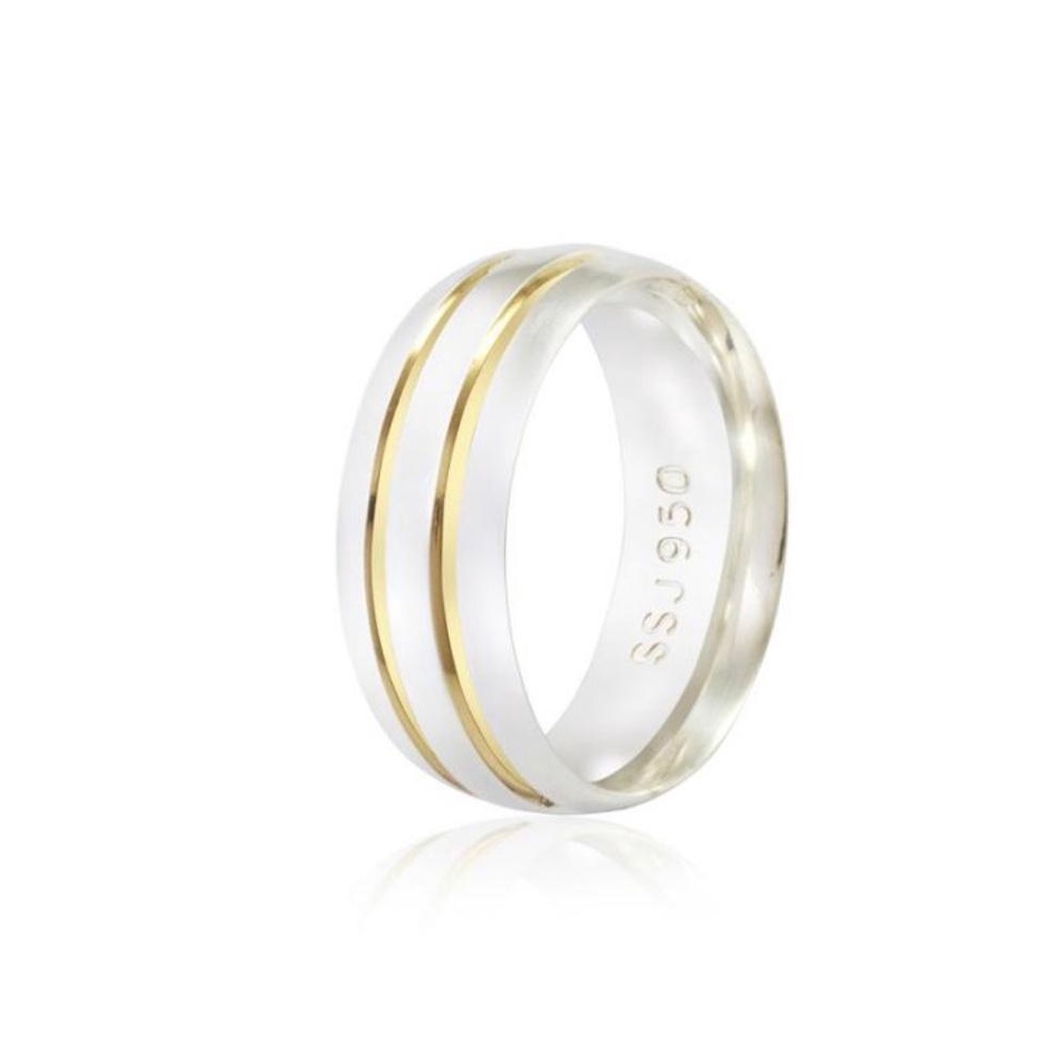 Aliança Prata 950 Anatômica 8mm Com 2 Fios De Ouro 18k